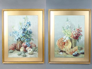 C. K. Von Sivens, a pair of watercolours, signed, still life studies with flowers and fruits 19" x 13"  