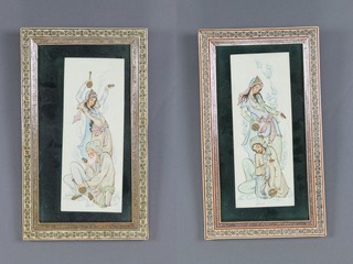 20th Century Persian paintings on ivory, studies of figures in inlaid frames 10" x 4" 