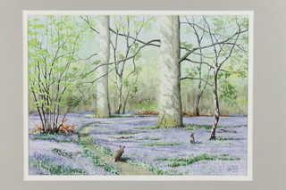 Bruce Henry (b1918), watercolour signed, "Rabbits in a bluebell wood" 9 1/2" x 13"  