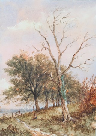 Nibbs 1882, watercolour, country path with figure and distant town 21" x 15" 