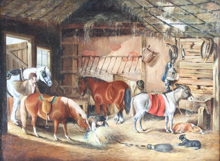 19th Century oil on canvas, indistinctly signed and dated 1837, a busy stable interior with figures, horse, donkey and dogs 17" x 23" 