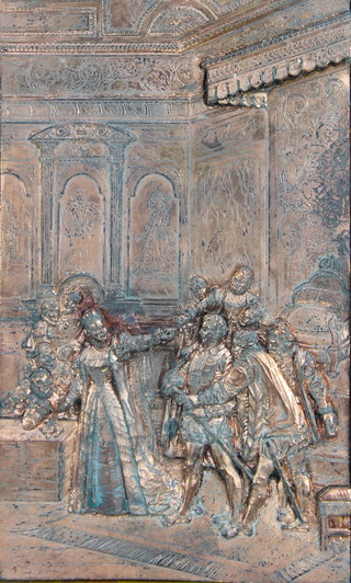 A Victorian copper panel depicting an Elizabethan court scene 11" x 6 1/2" 