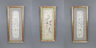 Three 19th Century Chinese silk work panels depicting figures in pavilion gardens and animals 24" x 9" 
