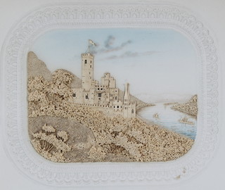 Victorian cork pictures - Castles in river landscapes in a pressed card mount 6 1/2" x 8 1/2" 