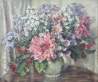 Hilda Waller 1950, oil on board, still life study of a vase of spring flowers 23 1/2" x 27 1/2" 
