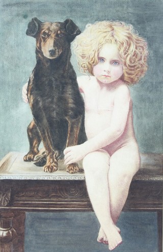 Edwardian watercolour, unsigned, study of  a young girl with dog sitting on a table 22" x 14" 