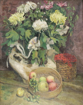 20th Century oil on canvas, unsigned, still life with fruits and flowers 29" x 23" 