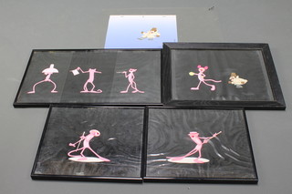 Cartoon cells - The Pink Panther with Inspector Clouseau and The Pink Panther 10" x 14", The Pink Panther (x2) 12 1/2" x 13", The Pink Panther  (3 as 1) 12" x 22" unframed, Inspector Clouseau 12 1/2" x 22" unframed