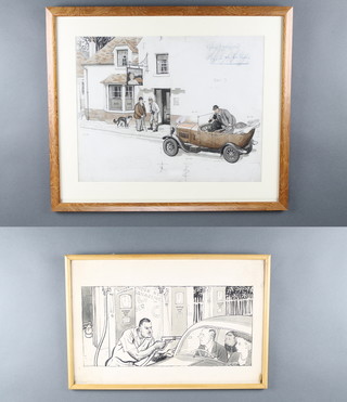 Lesley Gilbert Illingworth (1902-1979), cartoon, mixed media, standing outside a pub The Maid of Kent 12  x 18 1/2" framed, a do. The Suez Crisis 8" x 16 1/2" 