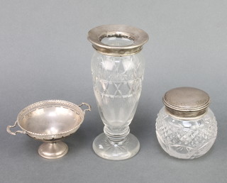 A silver 2 handled bowl Birmingham 1947 5", a silver lidded toilet jar and a vase with silver rim 