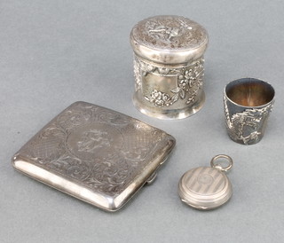 An engine turned silver sovereign case Birmingham 1913, a repousse silver box and cover, a Chinese silver tott and a silver cigarette case, gross 212 grams 