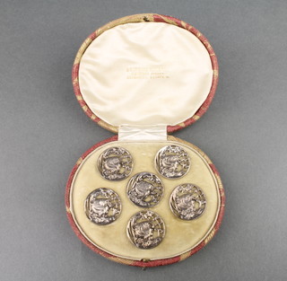 A set of 6 Art Nouveau silver plated buttons, cased 
