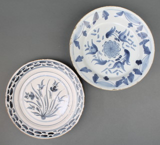 An 18th Century English Delft blue and white plate decorated flowers 8 1/2", a ditto dish 9"