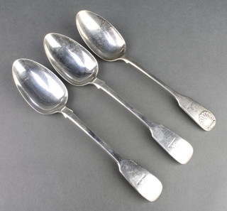 A pair of Victorian silver rat tail tablespoons Dublin 1848 and 1 other Victorian tablespoon, 232 grams 