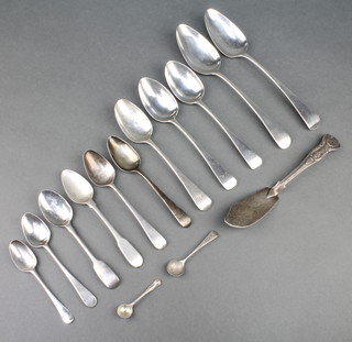 A Victorian fiddle pattern silver butter knife London 1864, and minor spoons, 396 grams 