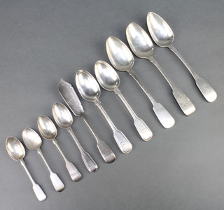 A George IV silver table spoon Exeter 1823, 2 other table spoons, 2 dessert spoons, a butter knife and 4 teaspoons, all Exeter, 410 grams 