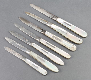 A Victorian silver and mother of pearl fruit knife Sheffield 1889 and 6 others