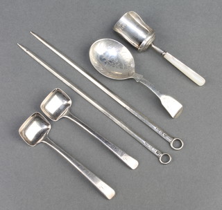 A pair of George III silver meat skewers, 2 mustard spoons, a caddy spoon and shovel 