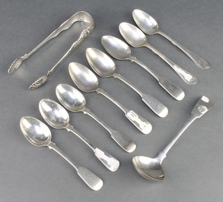 A pair of William IV Scottish silver Kings pattern sugar nips Glasgow 1833, do. ladle and 8 teaspoons, 252 grams