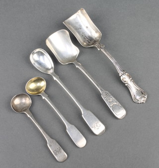 A Victorian silver shovel spoon Exeter 1842, 1 other and 3 spoons