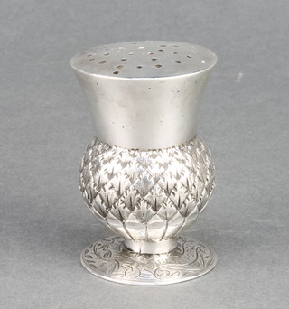 A Victorian novelty silver shaker in the form of a thistle engraved Dinna Forget, Edinburgh 1892 2 1/2" 10.2 grms