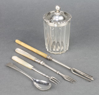 A George IV silver mounted cruet with glass body Birmingham 1824, a spoon and 3 forks 