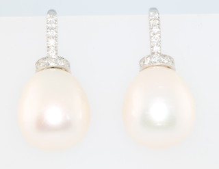 A pair of 18ct white gold diamond and cultured pearl ear drops 