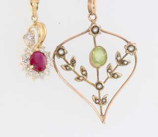An Edwardian 14ct gold peridot and pearl pendant and chain and a gem set 9ct gold pendant and chain  