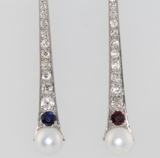 A pair of 1930's white gold tapered diamond, sapphire and ruby earrings
