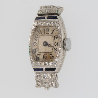 An Art Deco platinum diamond and sapphire cocktail watch 33mm