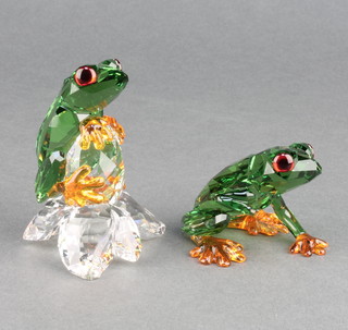 Two Swarovski Crystal colour glass figures of frogs 3" boxed
