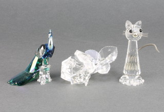 Three Swarovski Crystal figures - a rose, stylised cat and peacock 