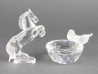 A Swarovski Crystal bowl with doves 4" and a rearing horse 4"  