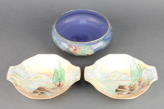 A Royal Doulton jardiniere decorated with flowers 7" and a pair of ditto series ware bowls