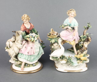 An Italian porcelain figure of a shepherdess 8", do. with a lady and swan 7" 