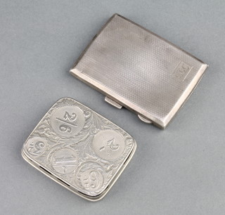 A silver engine turned cigarette case Birmingham 1930 56 grams and a white metal coin holder