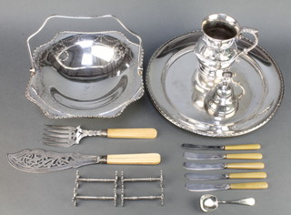 A silver plated swing handled cake stand and minor plated items