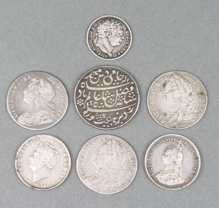 A George II florin and 6 other coins 