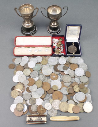 Minor European coins etc including 2 silver trophy cups 