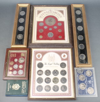 A Pobjoy mint Isle of Man decimal coin set framed, a cased Isle of Man 1982 crown set, 4 framed World Cup Spain crowns, framed 1977 crown, a framed set of Coronation coins, a do. Royal Wedding Crown collection and minor coins 