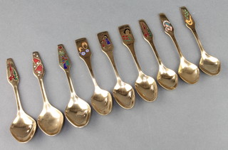 Nine stylish Danish gilt and enamel tea spoons