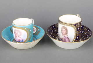 A 19th Century Sevres cabinet cup and saucer, the cup with blue and turquoise ground decorated with a panel of Louis XVII and garland decoration and another turquoise ground cup and saucer decorated with portrait panel of a lady 