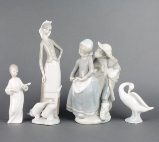 A Lladro group of a girl and boy 9", do. lady with geese 10 1/2", a goose 4" and a Nao angel 6" 