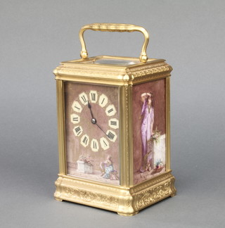 A fine 19th Century gilt carriage clock, the porcelain dial decorated with a lady sitting on  a terrace, the side panels with classical ladies in interiors, the base inscribed A Drocourt Fabricant 28 Rue Debelleyrne. Paris. 24044 7" to handle, the back plate marked DC24044, in fitted Moroccan case 