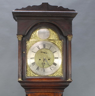 Sam Robson, N Shields, an 18th Century 8 day striking longcase clock, the 13" arched gilt dial with silvered chapter ring, minute indicator and calendar aperture, complete with pendulum and weights,  contained in an oak case 86"h 