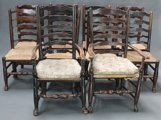 A harlequin set of 10 18th/19th Century elm ladder back dining chairs with woven rush seats - 2 carvers, 8 standard  