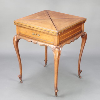 An Edwardian inlaid mahogany envelope card table fitted a drawer and raised on carved cabriole supports 29"h x 22"w x 21 1/2"d 
