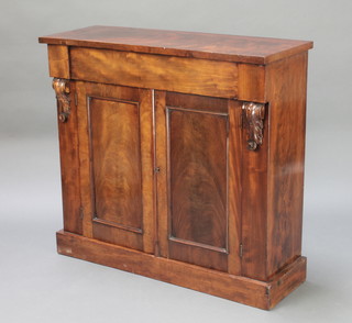 A Victorian mahogany chiffonier base fitted a drawer above a cupboard enclosed by a pair of panelled doors, raised on a platform base 33"h x 36"w x 13"d  
