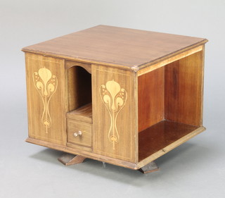 A square Edwardian Art Nouveau inlaid mahogany table top revolving bookcase, fitted 2 recesses and 2 drawers 12" x 14" x 15" 