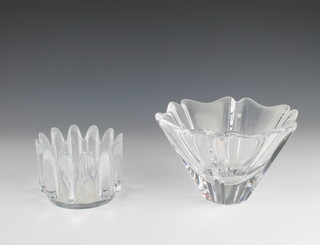 A Orrefors clear glass flared neck vase 5", a studio glass vase with ribbed sides 3" 